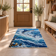 Deep sea marlin rug in an entryway with a wooden door and bench