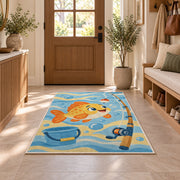 Cartoon fish kids rug in an entryway with a wooden door and bench