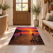 Dock sunset fishing rug in an entryway with a wooden door and bench