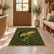 Bass on fish scales rug in an entryway with a wooden door and bench