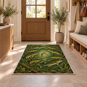 Circle of fish rug in an entryway with a wooden door and bench