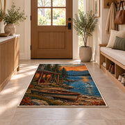 Lakeside fishing cabin rug in an entryway with a wooden door and bench