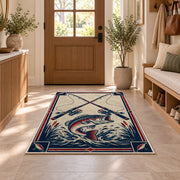 Crossed rods fish emblem rug in an entryway with a wooden door and bench
