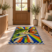 Pop art bass rug in an entryway with a wooden door and bench