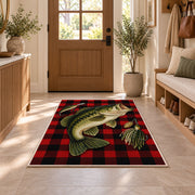Buffalo plaid bass rug in an entryway with a wooden door and bench