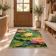 frog on a lily pad rug in an entryway with a wooden door and bench