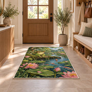frog fishing at the pond rug in an entryway with a wooden door and bench