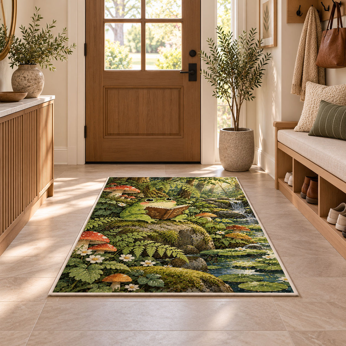 frog reading a book rug in an entryway with a wooden door and bench