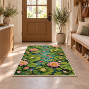 lily pond top view with frogs rug in an entryway with a wooden door and bench