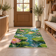 frog leaping between lily pads rug in an entryway with a wooden door and bench