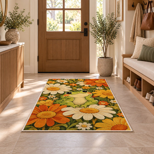 retro frog with daisies rug in an entryway with a wooden door and bench