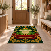 frog prince wearing a crown rug in an entryway with a wooden door and bench