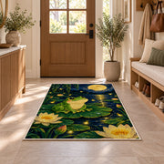 frog under the full moon rug in an entryway with a wooden door and bench
