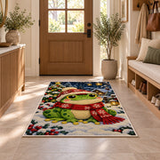 frog in a winter scarf and hat rug in an entryway with a wooden door and bench