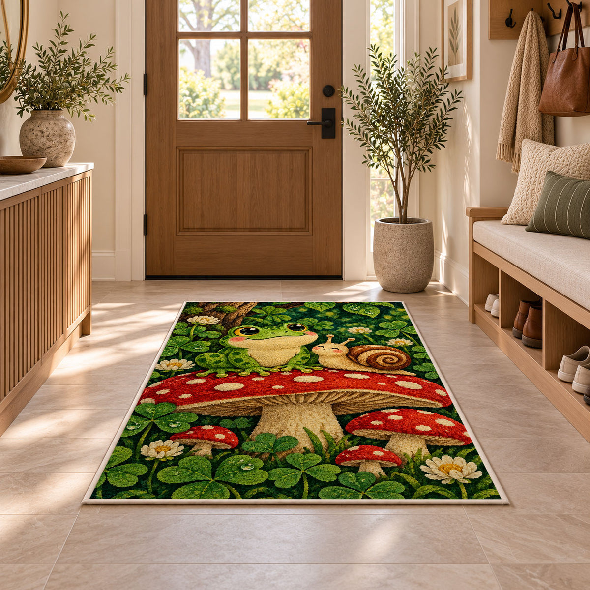 frog and snail on a mushroom rug in an entryway with a wooden door and bench