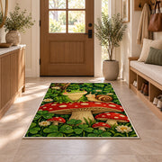 frog and snail on a mushroom rug in an entryway with a wooden door and bench