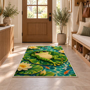 frog in sunglasses on a lily pad rug in an entryway with a wooden door and bench