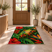 red-eyed tree frog in the rainforest rug in an entryway with a wooden door and bench