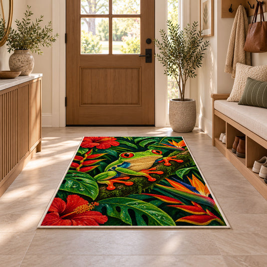 red-eyed tree frog in the rainforest rug in an entryway with a wooden door and bench