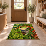 frog in a vegetable garden rug in an entryway with a wooden door and bench