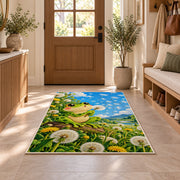frog blowing a dandelion rug in an entryway with a wooden door and bench