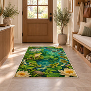 frog life cycle around a pond rug in an entryway with a wooden door and bench