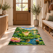 happy frog under a rainbow rug in an entryway with a wooden door and bench