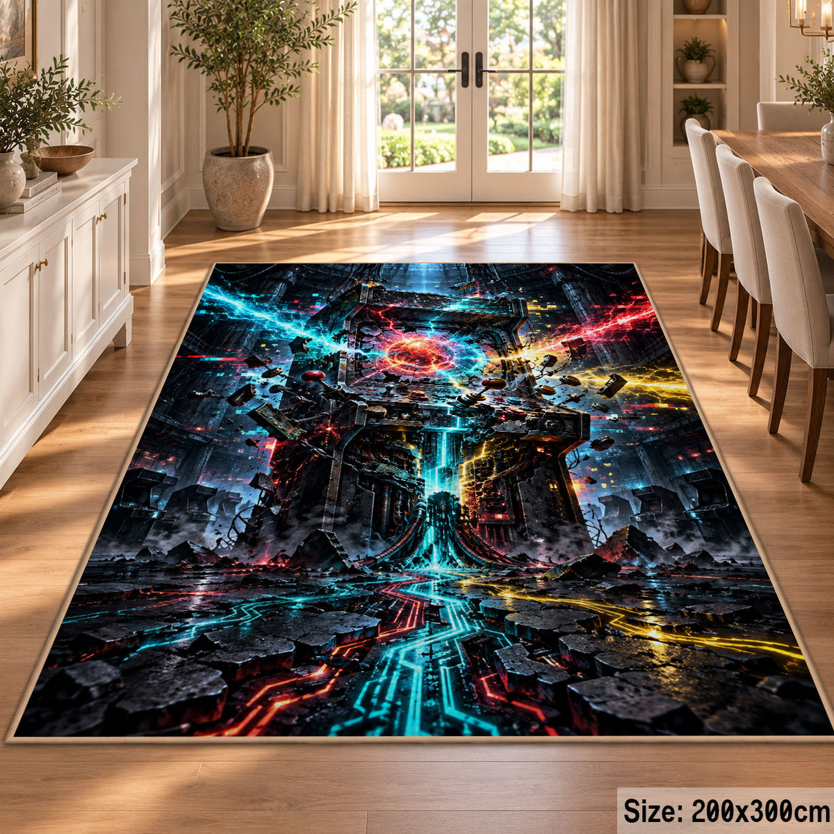 Neon Sci-Fi Battle Area Rug shown in room setting, view 9