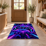 Neon Game Controller rug in an entryway with a wooden door and bench