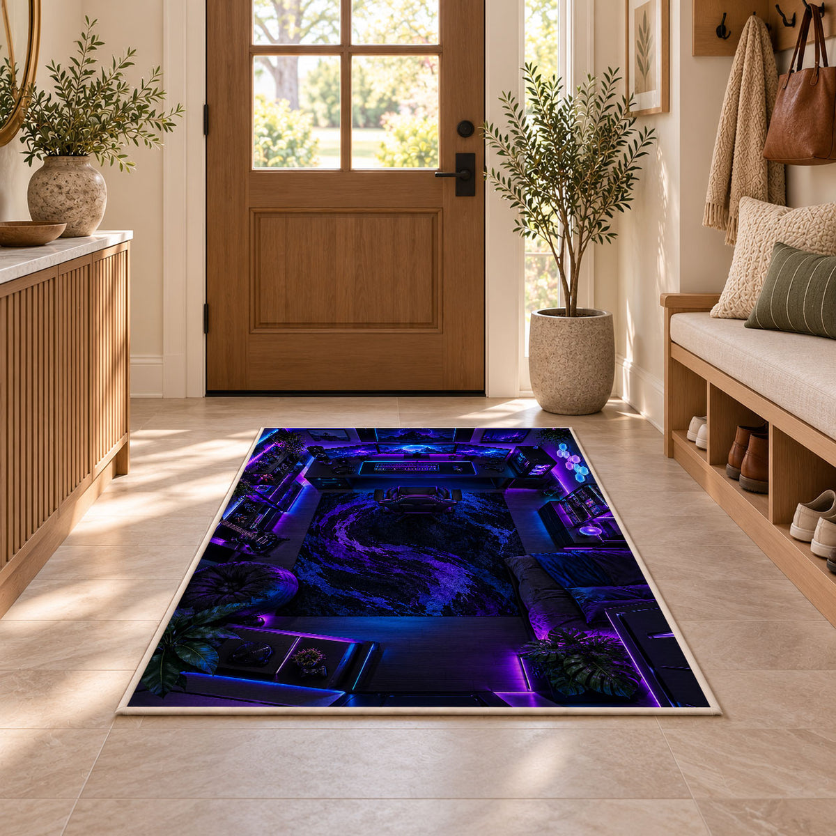 Gamer Battle Station rug in an entryway with a wooden door and bench