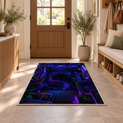 Gamer Battle Station rug in an entryway with a wooden door and bench