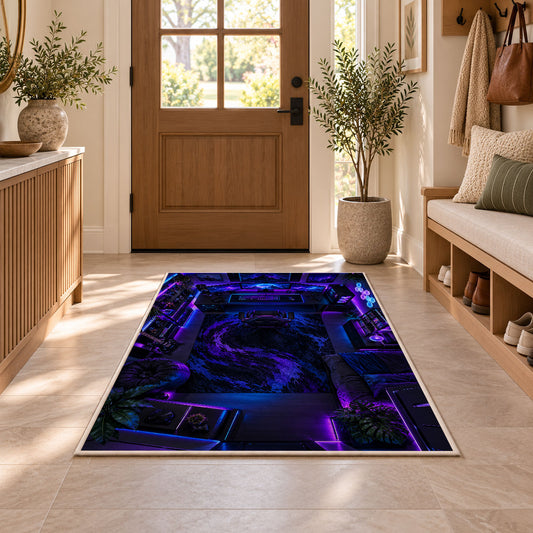 Gamer Battle Station rug in an entryway with a wooden door and bench