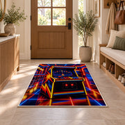 Retro Arcade Cabinet rug in an entryway with a wooden door and bench