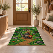 Pixel Knight Adventure rug in an entryway with a wooden door and bench