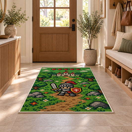 Pixel Knight Adventure rug in an entryway with a wooden door and bench