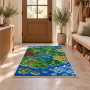 Pixel Fantasy World Map rug in an entryway with a wooden door and bench