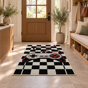 Retro Controller Checkerboard rug in an entryway with a wooden door and bench