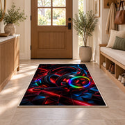 RGB Gaming Headset rug in an entryway with a wooden door and bench