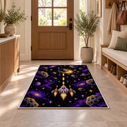 Pixel Space Shooter rug in an entryway with a wooden door and bench