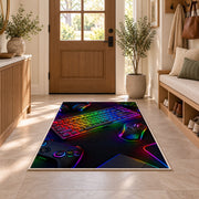 Rainbow Mechanical Keyboard rug in an entryway with a wooden door and bench