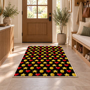 Pixel Hearts and Coins rug in an entryway with a wooden door and bench