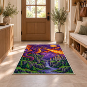 Pixel Dragon and Castle rug in an entryway with a wooden door and bench