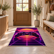 Synthwave Controller rug in an entryway with a wooden door and bench