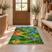 Game Level Map rug in an entryway with a wooden door and bench