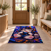 Gamer Cat rug in an entryway with a wooden door and bench