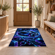VR Headset Cyberspace rug in an entryway with a wooden door and bench