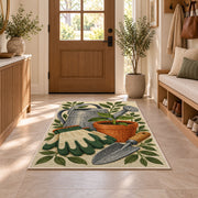 Gardening Rug in an entryway with a wooden door and bench