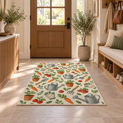 Garden Tools Pattern Rug in an entryway with a wooden door and bench