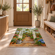 Greenhouse Rug in an entryway with a wooden door and bench