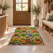 Vintage Seed Packet Rug in an entryway with a wooden door and bench